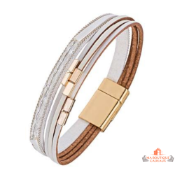 Bracelet multiliens blanc pour femme – effet cuir et fermoir doré