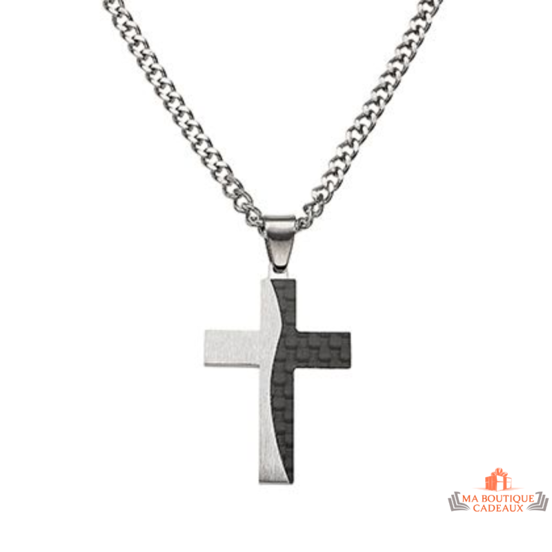 Collier pendentif homme en acier noir motif croix – Bivouac – Garantie 2 ans