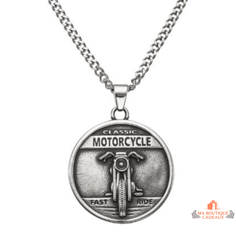 Collier homme acier médaillon moto "Classic Motorcycle" – Bivouac – Garantie 2 ans