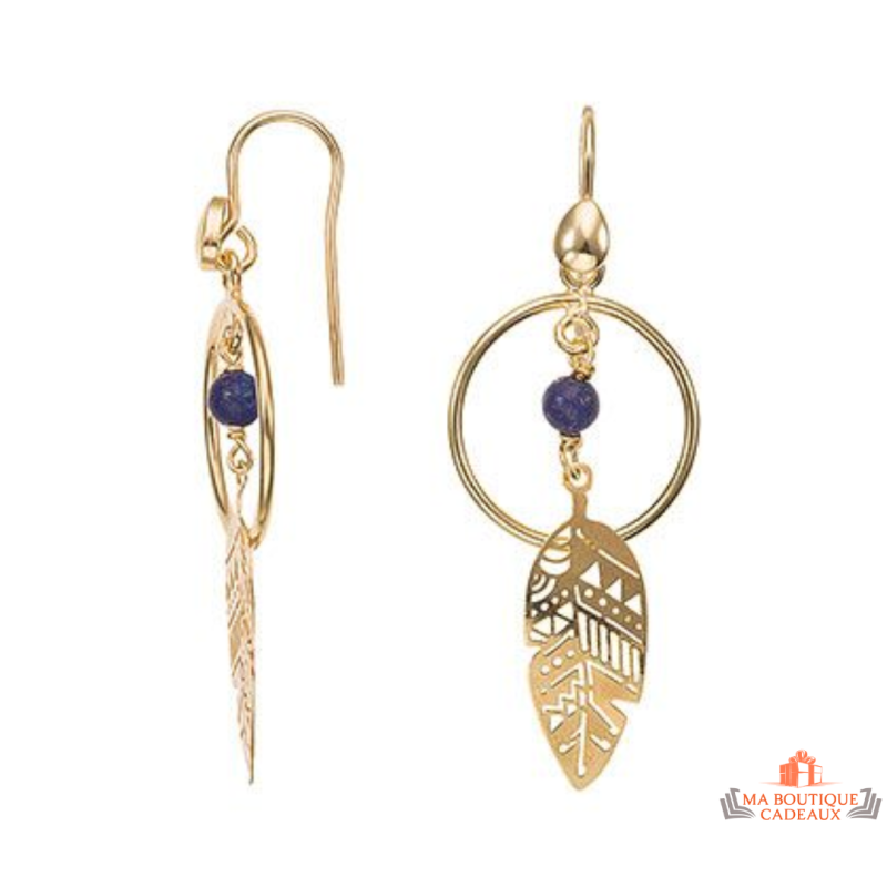 Boucles d’oreilles argent doré plume bleue – Carla Nogueres