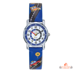 Montre enfant pédagogique INOTIME bleue motif véhicules pour apprendre à lire l’heure