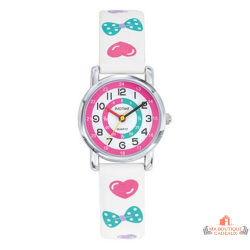 Montre enfant pédagogique INOTIME blanche avec motifs nœuds pour apprendre à lire l’heure
