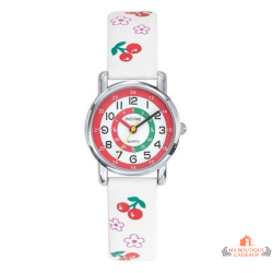 Montre enfant pédagogique INOTIME blanche avec bracelet motif cerises pour apprendre à lire l’heure
