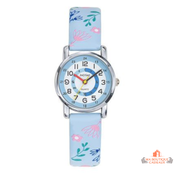 Montre enfant pédagogique INOTIME bracelet bleu à motif fleurs pour apprendre à lire l’heure