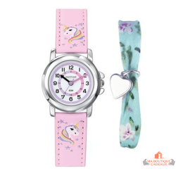 Montre enfant pédagogique INOTIME bracelet licorne rose avec bracelet textile et pendentif cœur
