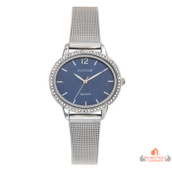 Montre femme INOTIME cadran bleu foncé boîtier argent strass bracelet milanais