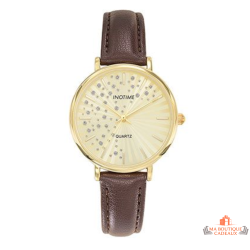 Montre femme INOTIME cadran champagne soleillé bracelet marron boîtier doré
