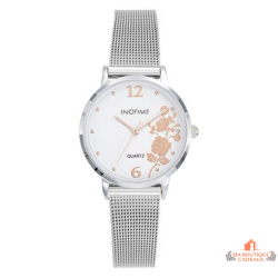 Montre femme INOTIME cadran blanc floral doré rose bracelet milanais argenté