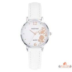 Montre femme INOTIME cadran blanc floral doré rose bracelet blanc