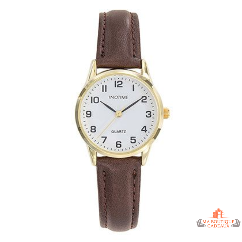 Montre femme INOTIME boîtier doré bracelet marron cadran blanc chiffres noirs 28 mm