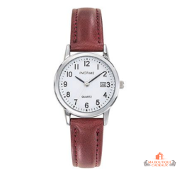Montre femme INOTIME date bracelet rouge foncé cadran blanc 29 mm