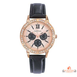Montre femme INOTIME doré rose avec bracelet noir et strass