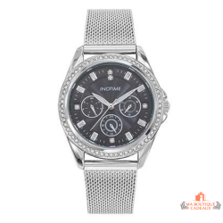 Montre femme INOTIME argent maille milanaise cadran noir strass