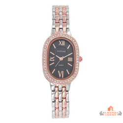 Montre femme INOTIME ovale cadran noir doré rose bracelet métal bicolore serti pierres