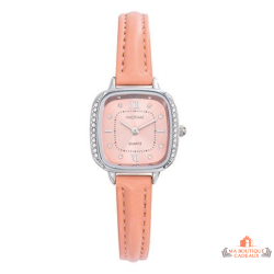Montre femme INOTIME carrée rose clair bracelet rose sertie pierres 25mm