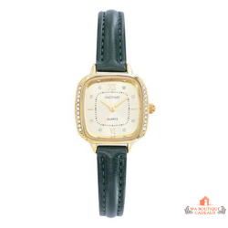 Montre femme INOTIME carrée champagne dorée bracelet vert foncé 25mm