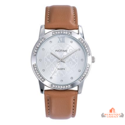 Montre femme INOTIME beige foncé 37mm argentée strass