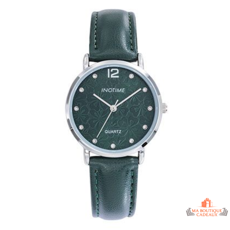 Montre femme INOTIME vert foncé 32mm cadran floral argenté