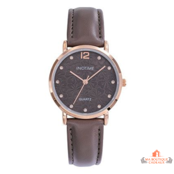 Montre femme INOTIME marron moyen cadran fleurs doré rose 32 mm