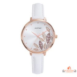 Montre femme INOTIME blanche doré rose cadran feuilles 34 mm
