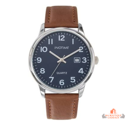 Montre homme INOTIME 40 mm bleu foncé bracelet marron jour à 3h