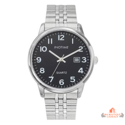 Montre homme INOTIME 40 mm noire bracelet métal argenté jour à 3h