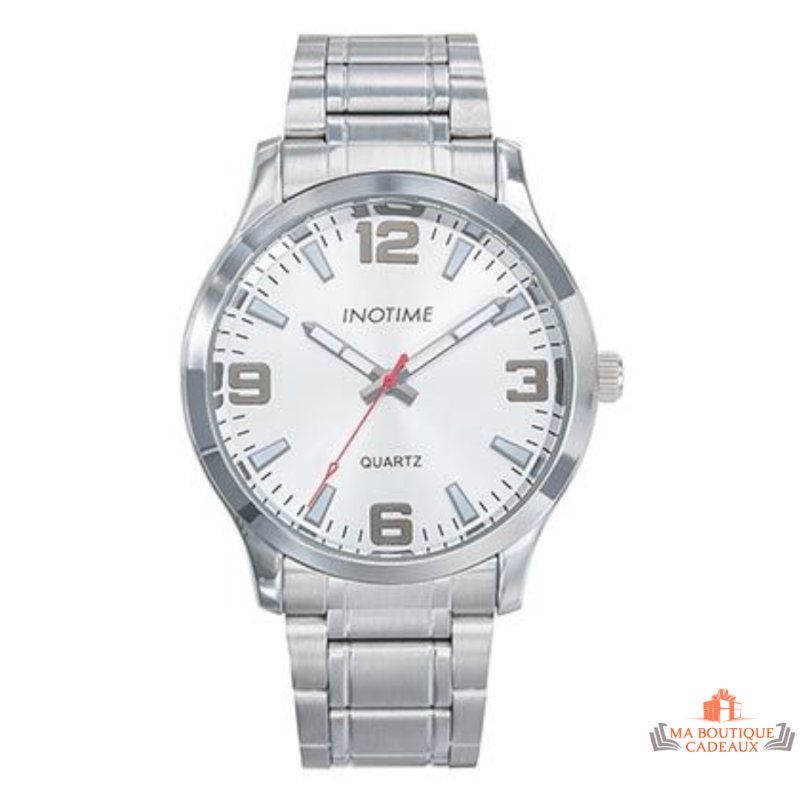 Montre homme INOTIME argenté acier 40 mm aiguilles gun lumineuses trotteuse rouge garantie 2 ans