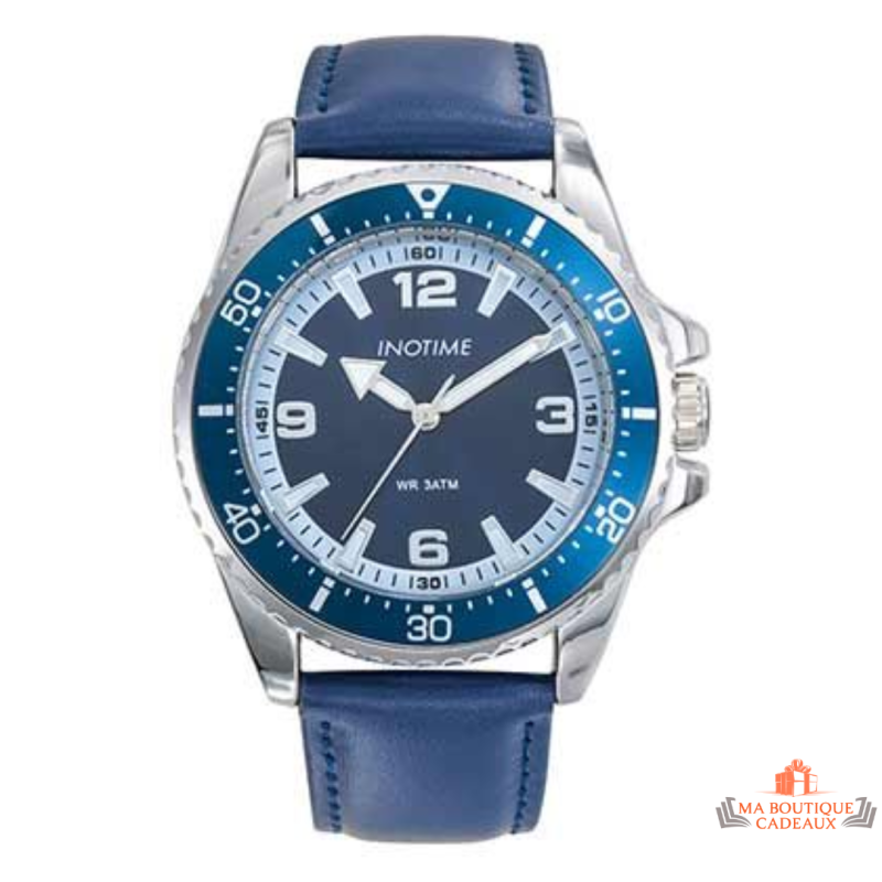 Montre homme INOTIME bleu foncé cuir 43 mm aiguilles lumineuses garantie 2 ans