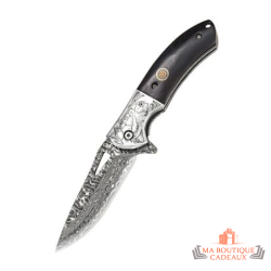 Couteau pliant Bivouac damassé manche bois de santal lame motif damas