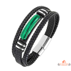 Bracelet homme cuir noir pierre verte Carla Nogueres multi rangs garantie 2 ans