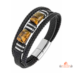 Bracelet homme cuir noir pierre marron Bivouac multi rangs acier garantie 2 ans
