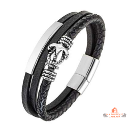 Bracelet homme cuir noir ancre acier Bivouac multi rangs garantie 2 ans