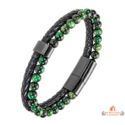 Bracelet homme cuir noir perles vertes acier Bivouac multi rangs garantie 2 ans