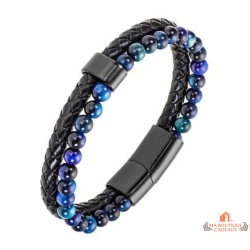 Bracelet homme cuir noir perles bleues acier Bivouac multi rangs garantie 2 ans