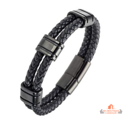 Bracelet homme cuir noir multi rangs acier Bivouac minimaliste garantie 2 ans