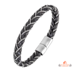 Bracelet homme simili cuir noir tressé chaîne acier Bivouac garantie 2 ans