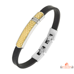 Bracelet homme simili cuir noir plaque dorée acier Bivouac élégant garantie 2 ans