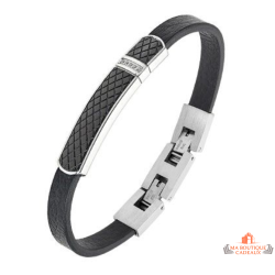 Bracelet homme simili cuir noir plaque acier Bivouac sobre garantie 2 ans
