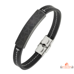 Bracelet homme simili cuir noir plaque texturée acier Bivouac couture garantie 2 ans