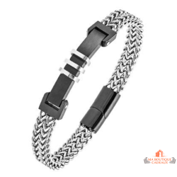 Bracelet homme acier bicolore argenté maille Bivouac noir garantie 2 ans