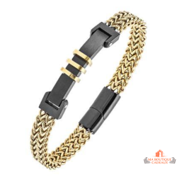 Bracelet homme acier bicolore doré maille Bivouac noir garantie 2 ans