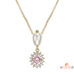Collier pendentif Carla Nogueres soleil plaqué or perle imitation pierre rose blanc