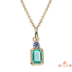 Collier pendentif Carla Nogueres plaqué or pierre verte rectangle pierre bleue zirconium