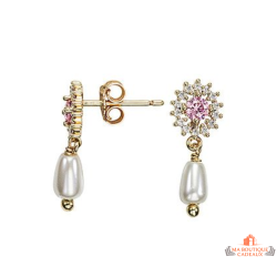 Boucles d’oreilles Carla Nogueres soleil pierres blanches roses perle allongée plaqué or garantie 2 ans