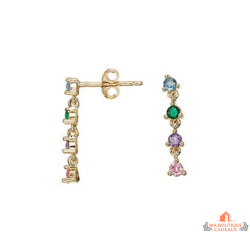 Boucles d’oreilles Carla Nogueres pendantes multicolores vert violet rose fuchsia oxyde de zirconium plaqué or garantie 2 ans
