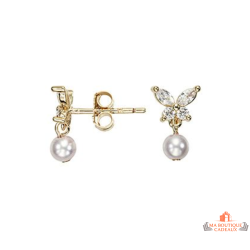 Boucles d’oreilles Carla Nogueres papillon oxyde de zirconium perle imitation plaqué or garantie 2 ans