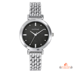 Montre femme INOTIME argentée bracelet métal cadran noir motif floral pierres garantie 2 ans
