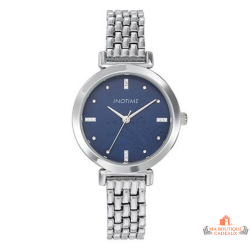 Montre femme INOTIME argentée bracelet métal cadran bleu foncé floral pierres garantie 2 ans