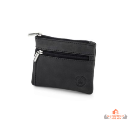 Porte monnaie cuir noir zippé double compartiment compact