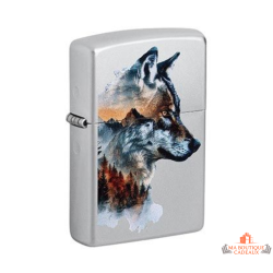 Briquet Zippo argent satiné loup aquarelle design nature artistique garanti à vie